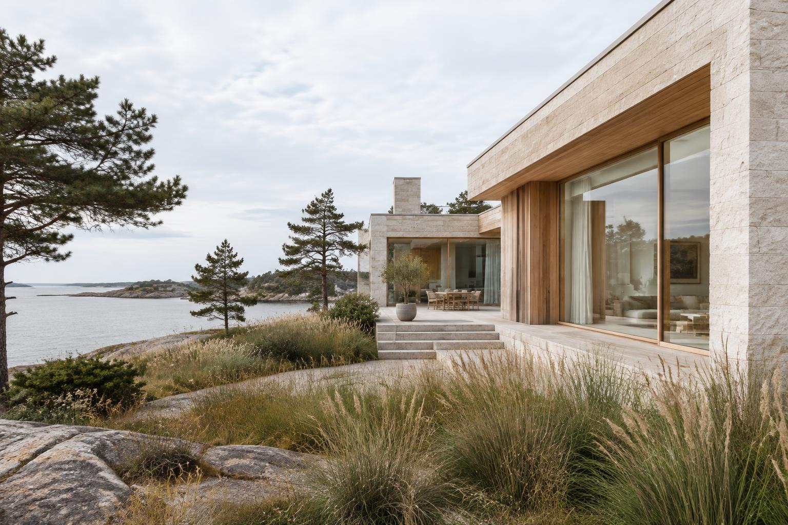 Fiktivt webbkoncept: en skandinavisk villa i natursten och trä vid kusten
